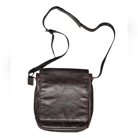 Aged Dark Brown Leather Messenger Bag Green Striped Cloth Lining Tons of Pockets - Picture 1 of 16